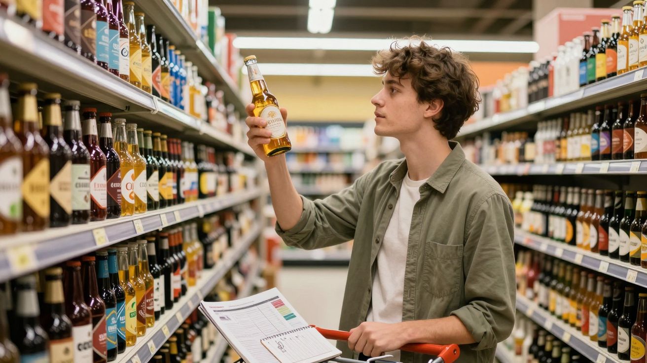 Jovem com camisa verde verifica rótulo de cerveja em corredor de supermercado cheio de bebidas.