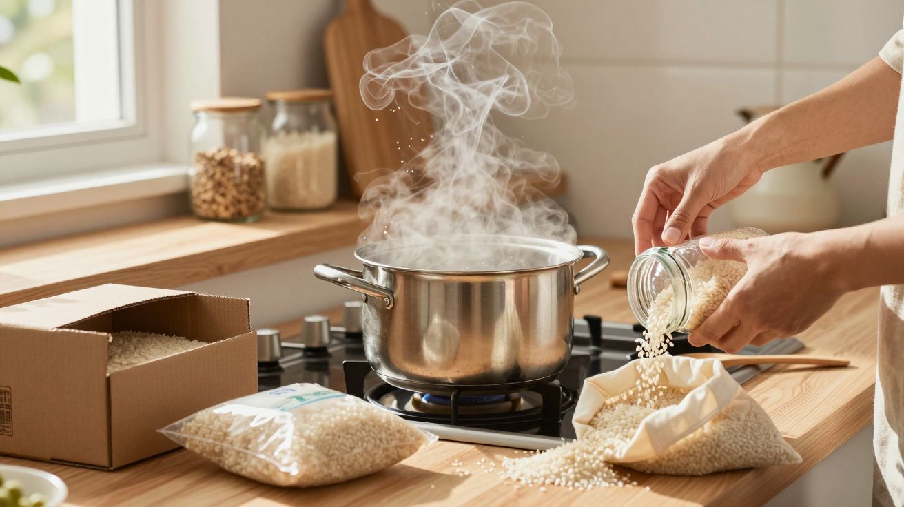 Pessoa a adicionar arroz num tacho com água a ferver numa cozinha iluminada.