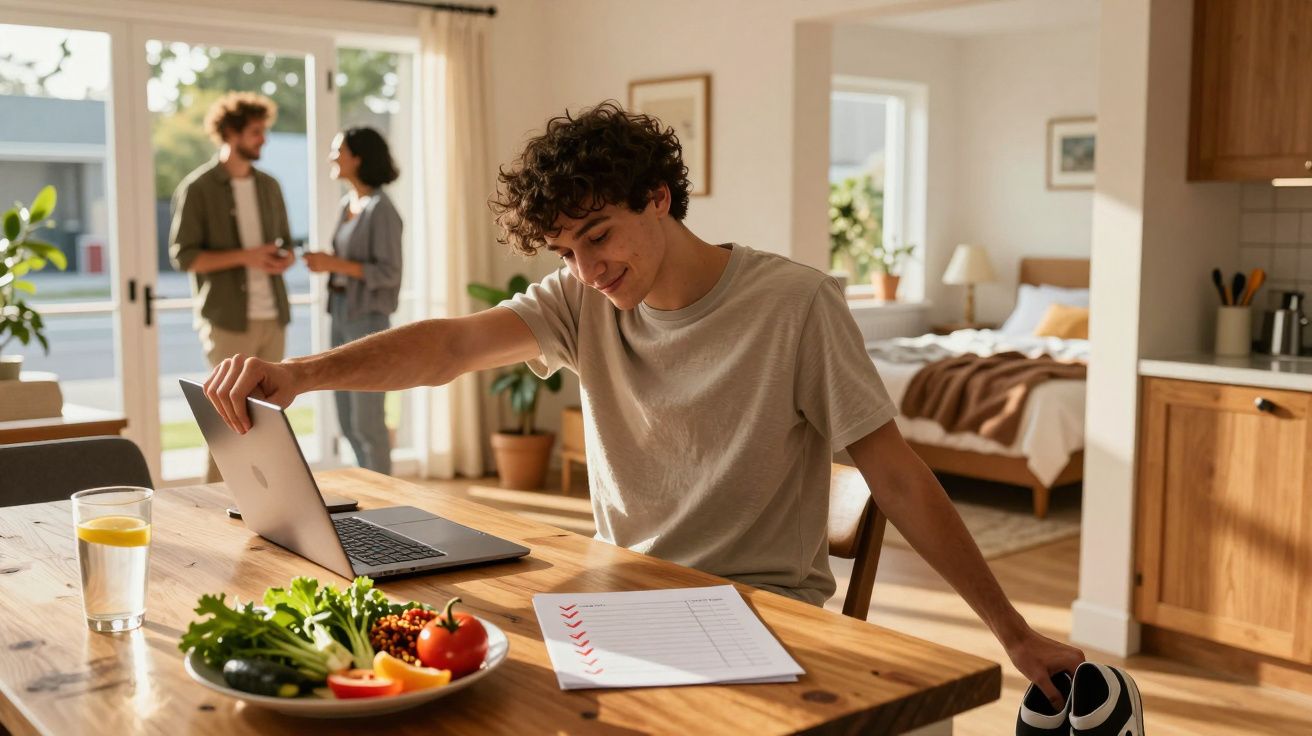 Jovem sorridente fechando portátil à mesa com legumes, papel e copo de água enquanto conversa com casal ao fundo.