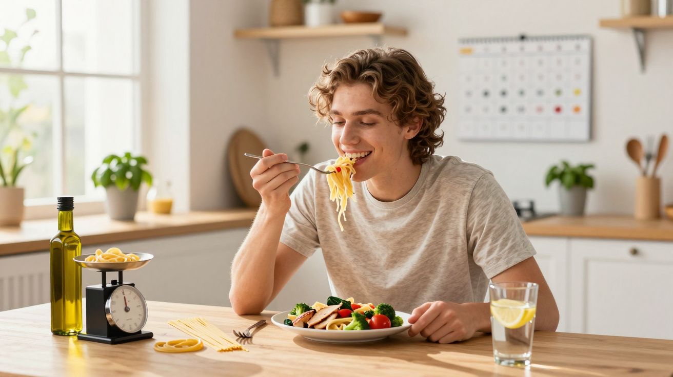 Jovem a comer massa e salada, sentado à mesa numa cozinha luminosa, com copo de água e óleo de oliva.
