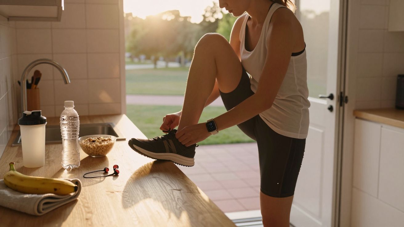 Mulher a calçar sapatilhas numa cozinha com pequeno-almoço saudável e garrafa de água ao lado.
