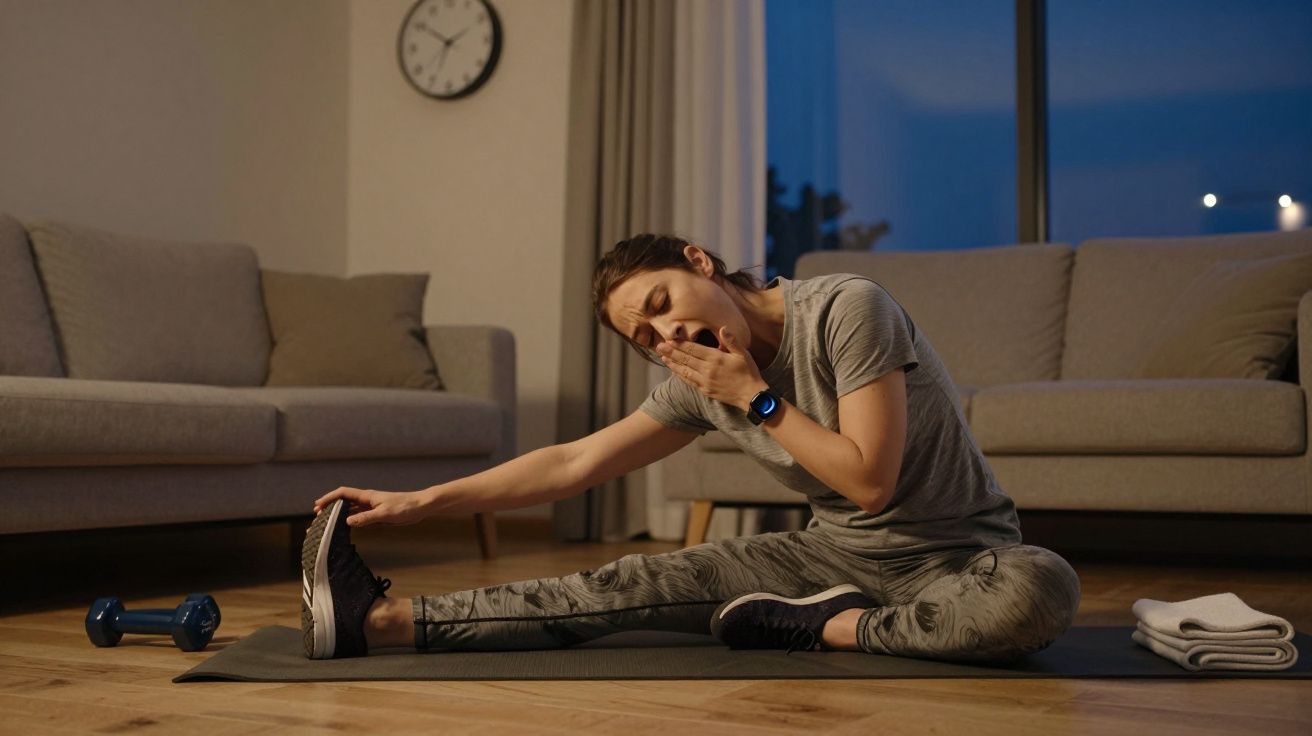 Mulher a alongar-se numa sala de estar, com relógio na parede a indicar noite.