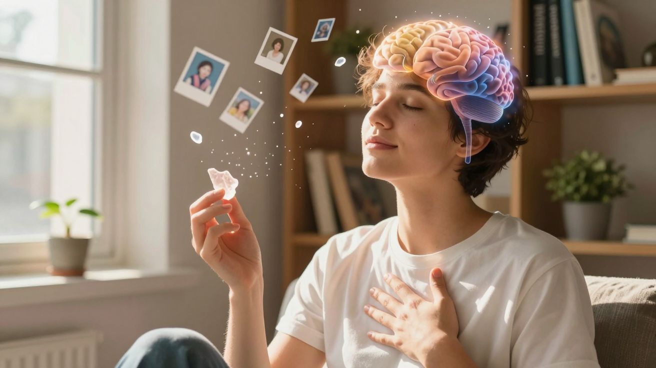 Pessoa com expressão serena visualiza fotos flutuantes, ilustrando memórias e atividade cerebral numa sala acolhedora.