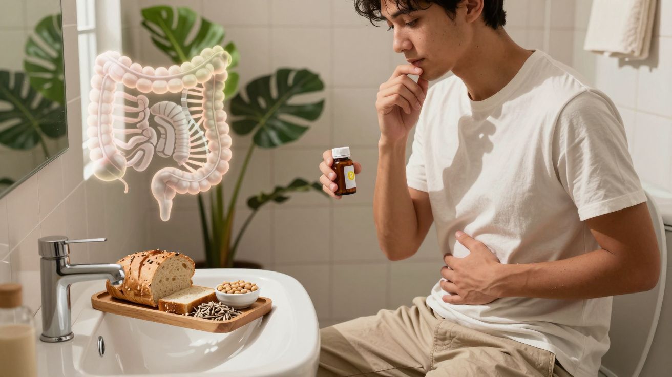 Homem com dor abdominal segurando um frasco de suplemento, ao lado de alimentos ricos em fibras e imagem do intestino.