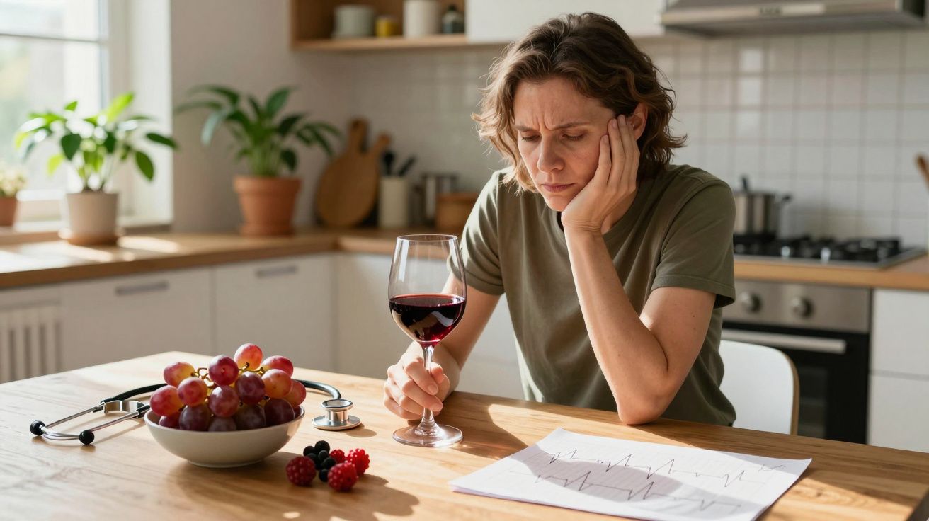 Mulher preocupada sentada à mesa na cozinha com copo de vinho, stetoscópio e gráfico à frente.