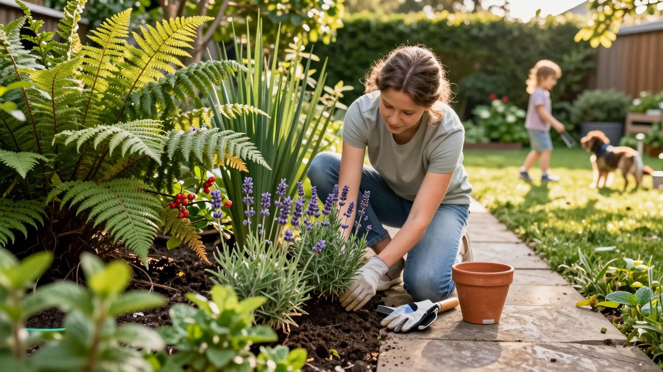 Mulher a cuidar de plantas num jardim, com criança e cão ao fundo num dia ensolarado.