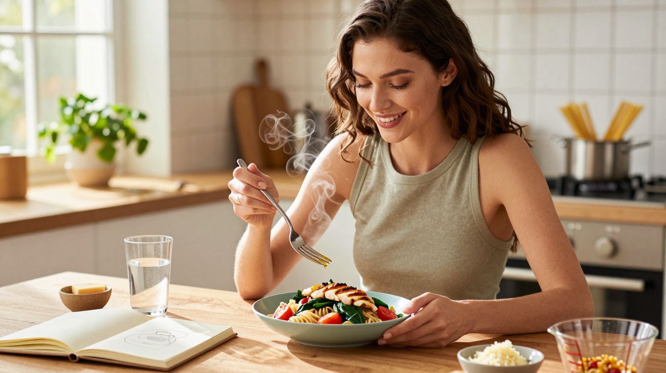 Mulher sorridente a comer refeição quente saudável numa cozinha moderna e luminosa.