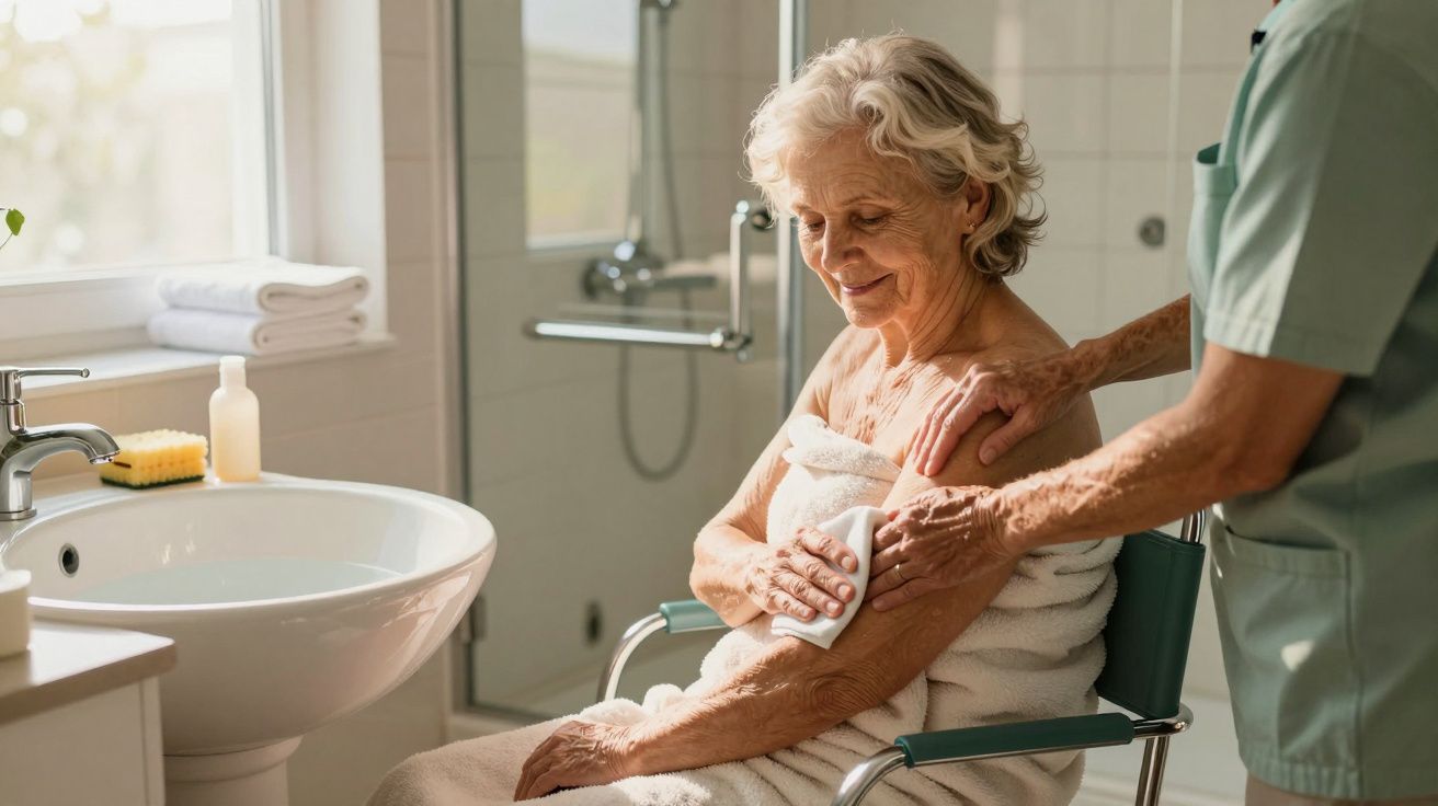 Idosa sentada numa cadeira de rodas a ser cuidada por profissional de saúde num banheiro.