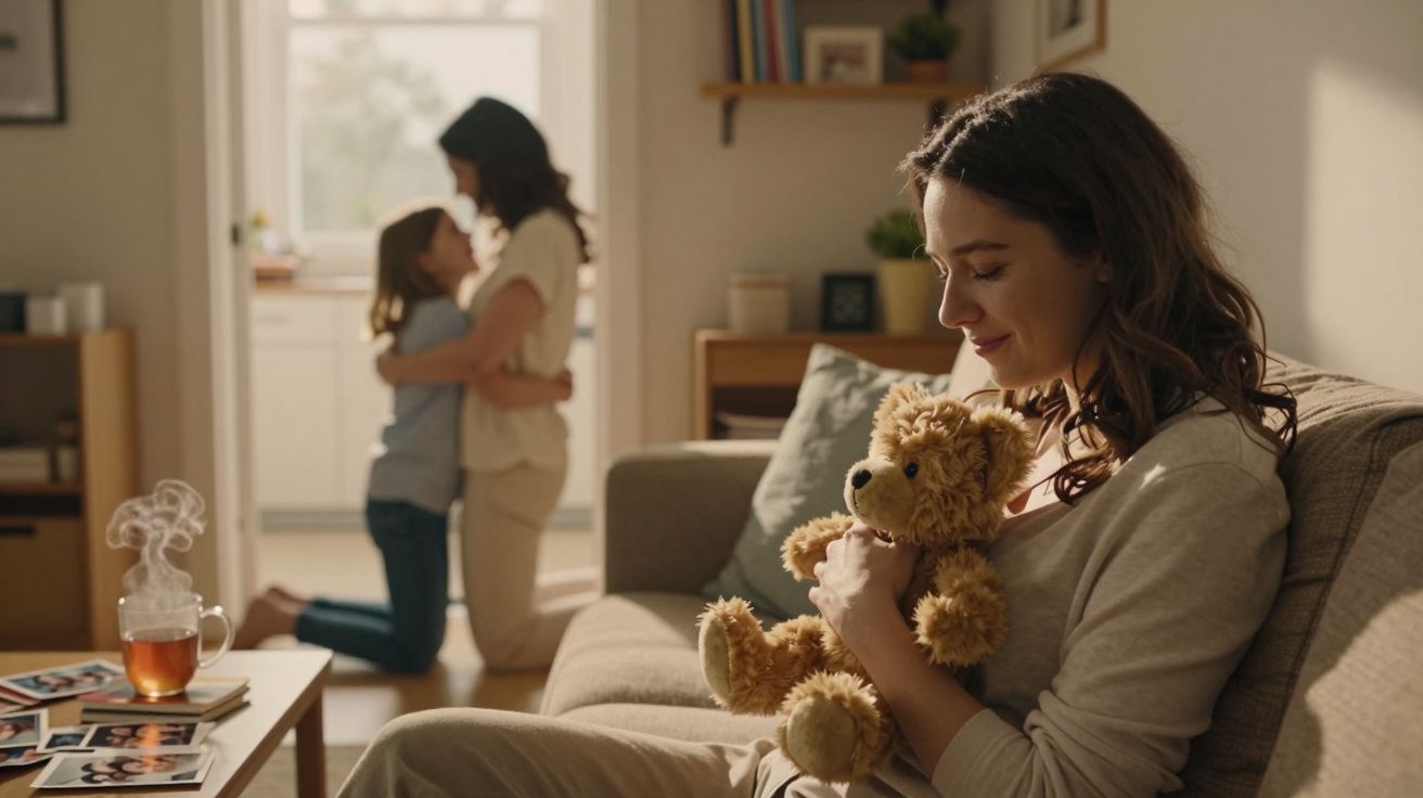 Mulher sentada a sorrir abraçando ursinho de peluche, enquanto mãe e filha se abraçam ao fundo numa sala acolhedora.