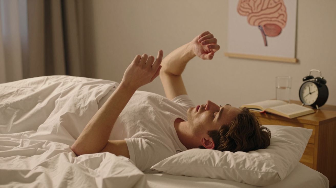 Homem jovem a despertar esticado na cama, ao lado mesa de cabeceira com livro, copo de água e relógio.