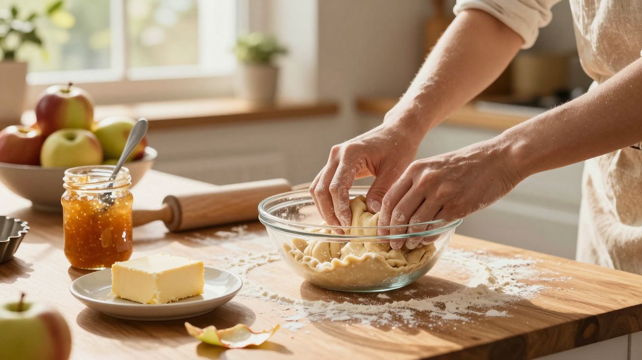 Pessoa a preparar massa caseira numa tigela de vidro numa cozinha iluminada, com ingredientes sobre a mesa.