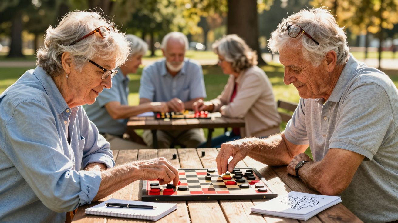 Idosos a jogar damas e outro jogo num parque ao ar livre em dia ensolarado.