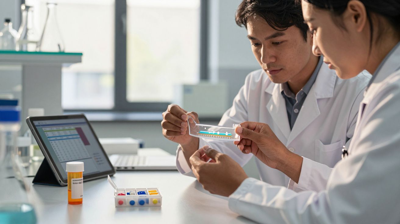 Dois cientistas em bata branca analisam uma lâmina de teste num laboratório moderno.