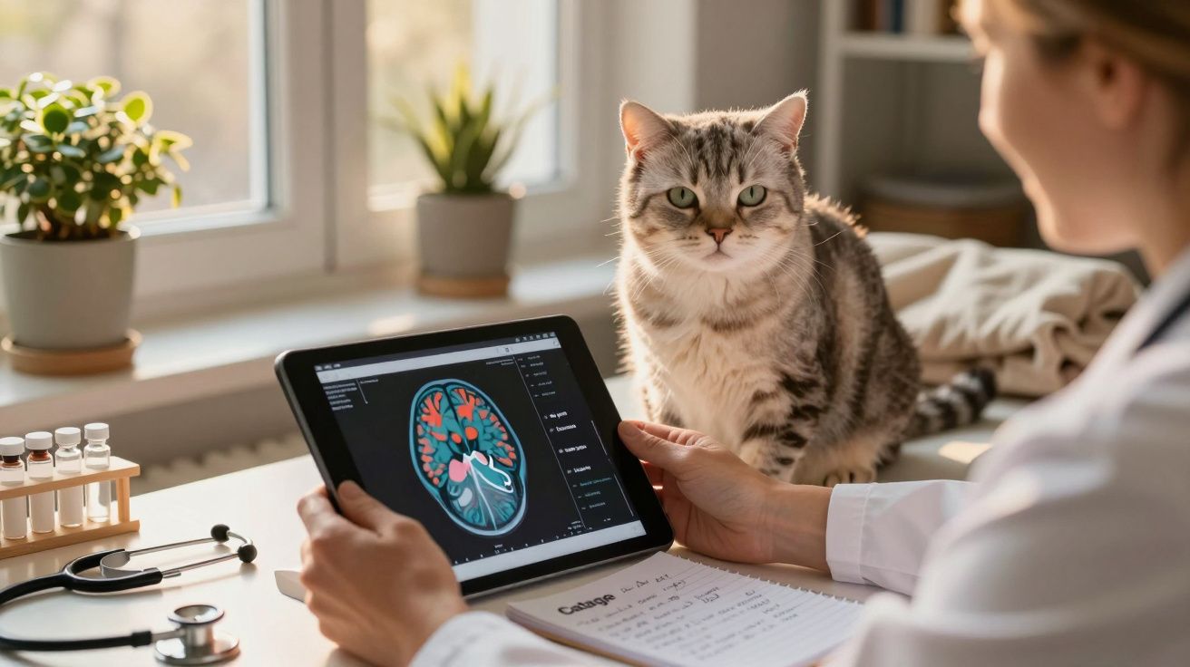 Veterinária a analisar imagem cerebral num tablet com gato cinzento sentado na mesa.
