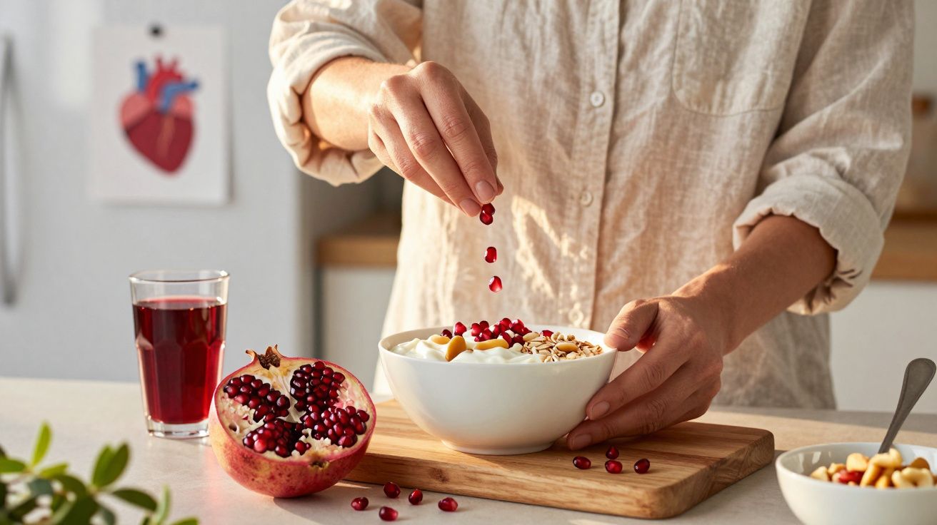 Pessoa a polvilhar sementes de romã num recipiente com iogurte e frutos secos numa cozinha.