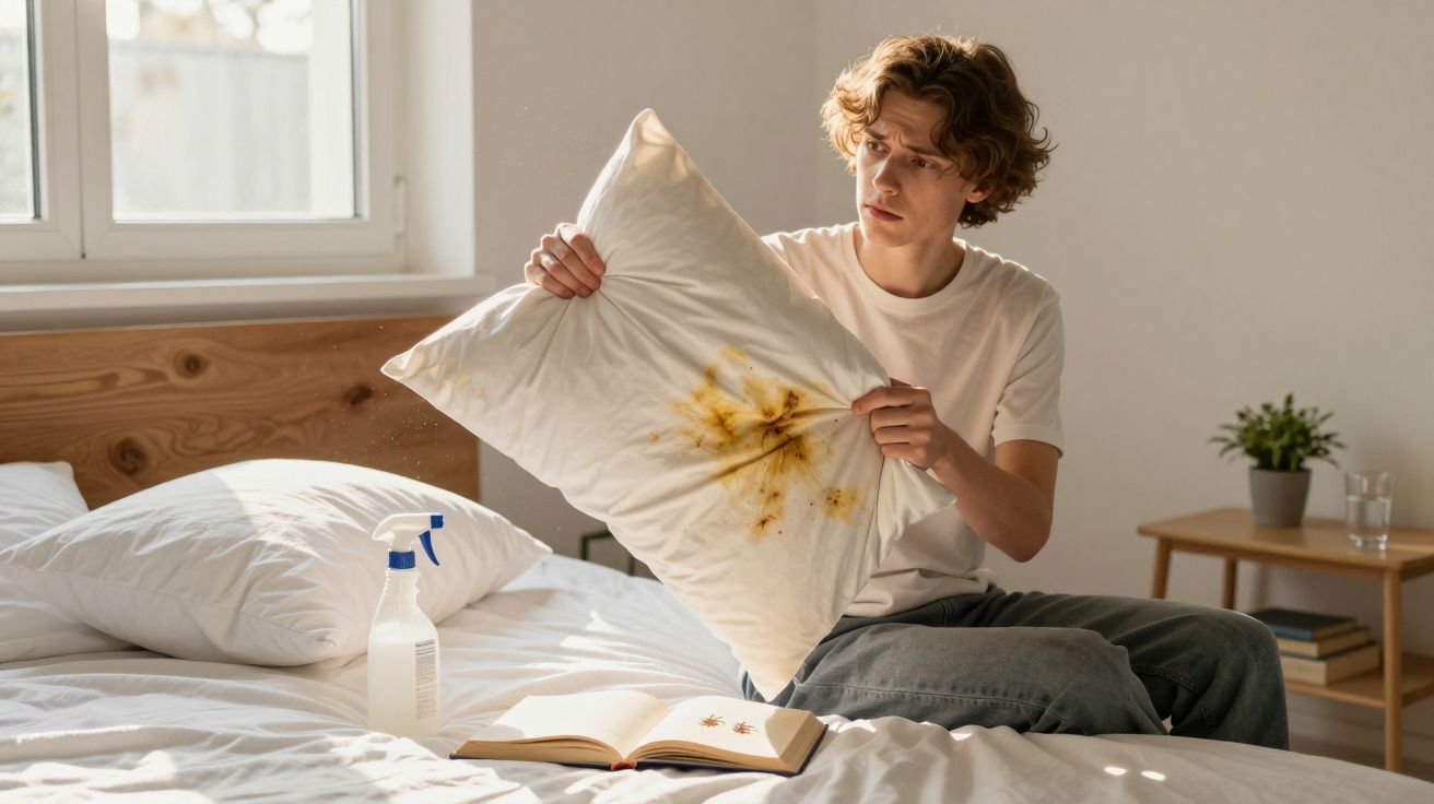 Jovem sentado na cama a segurar almofada com nódoa, parece preocupado, spray de limpeza e livro na cama.