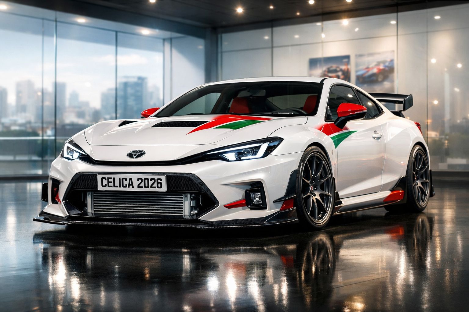 Cupê desportivo branco com detalhes vermelhos e verdes, placa Celica 2026, em showroom moderno.