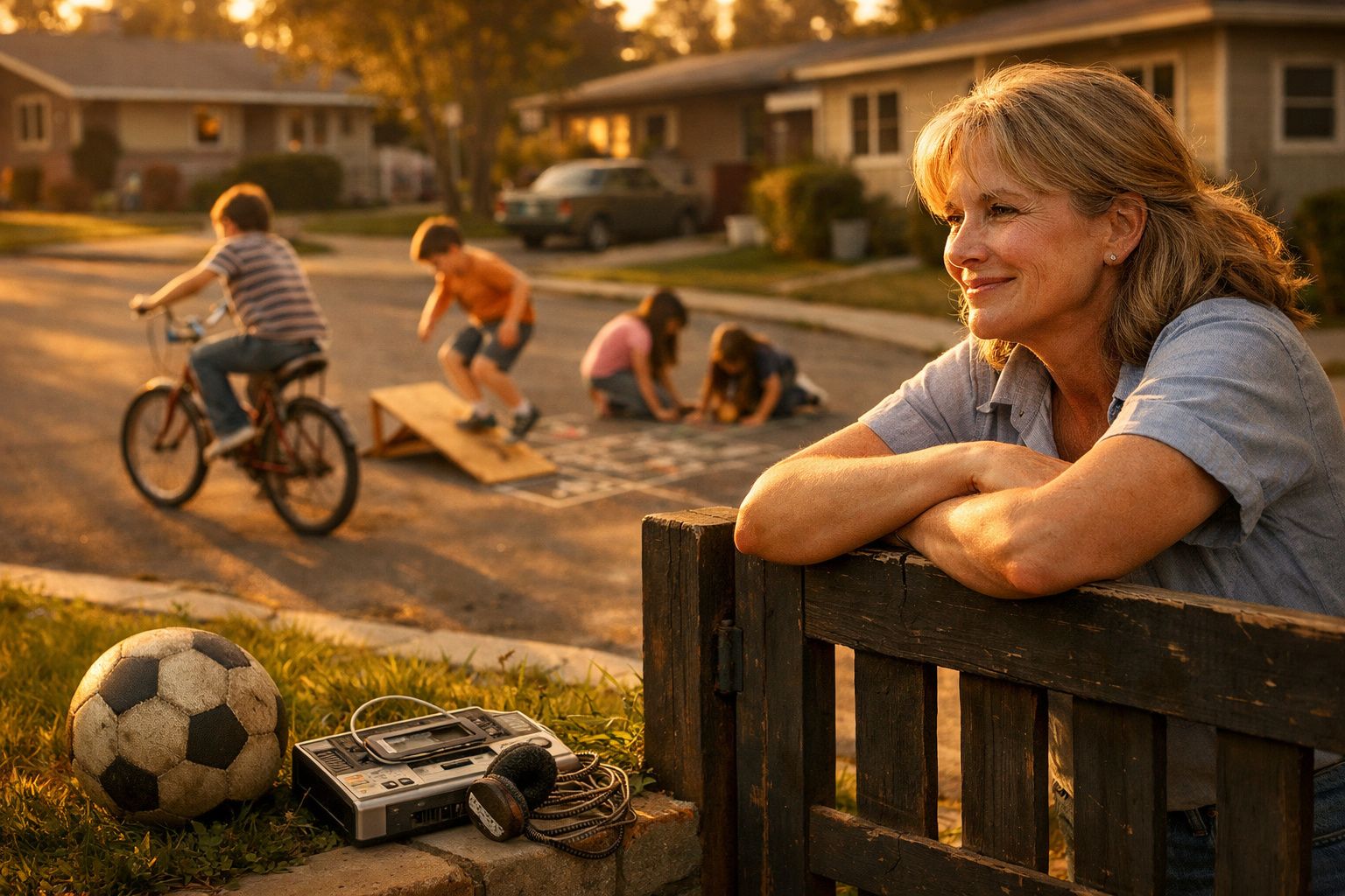 Mulher sorridente observa crianças a brincar na rua ao final da tarde, com bola e rádio na relva.