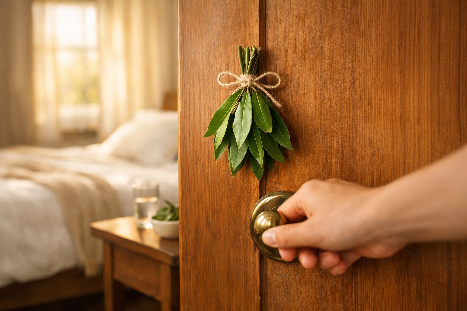 Mão a abrir porta de madeira decorada com ramo de folhas verdes num quarto iluminado.